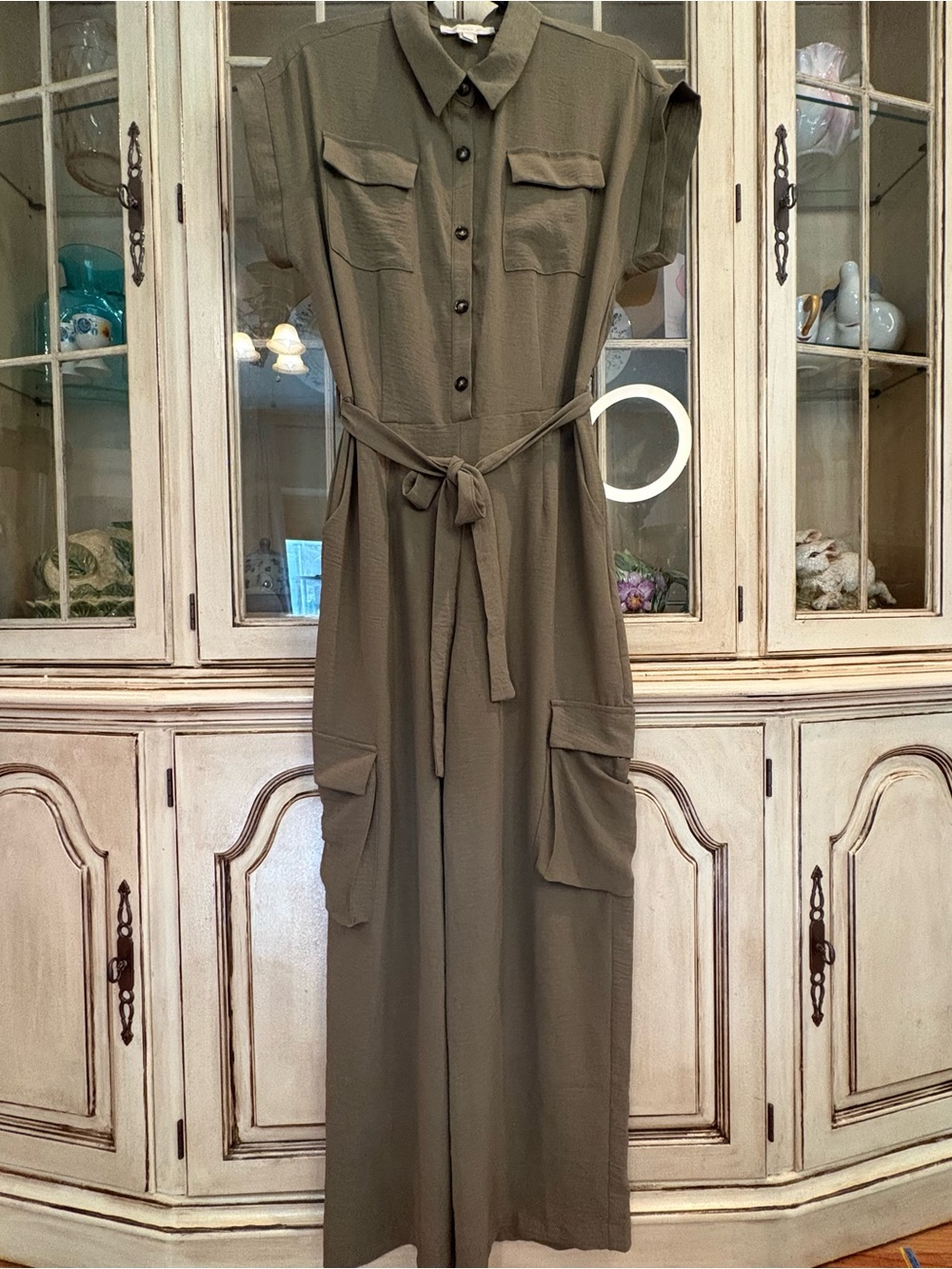 Monteau Olive Utility Tie-Waist Jumpsuit